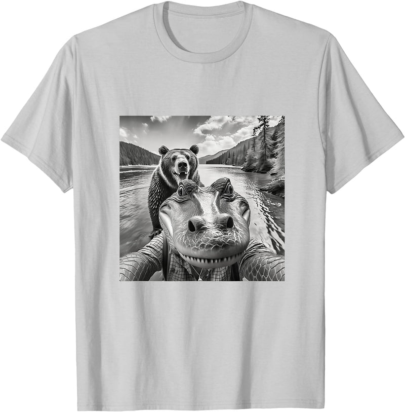 A1a Life Funny Graphic Tee Alligator Selfie with Bear in Woods Weird T-Shirt - Silver Grey