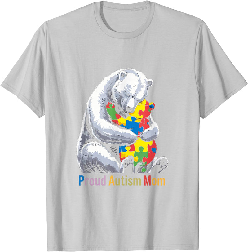 Autism Mama Mom Bear Support Autism Proud Autism Mom Bear Autism Awareness Month T-Shirt - Silver Grey