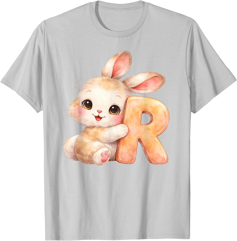 Letter R Rabbit Watercolor Cute Baby Animal Alphabet Initial T-Shirt in Silver Grey