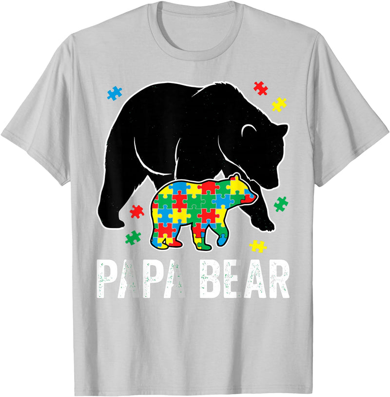Autism Awareness Neurodiversity Support Apparel Papa Bear Autism Awareness Puzzle Neurodiversity Support T-Shirt - Silver Grey