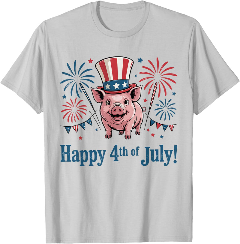 Patriotic Pig 4th of July Design Happy 4th of July Patriotic Pig Animals Lovers Fireworks T-Shirt - Silver Grey