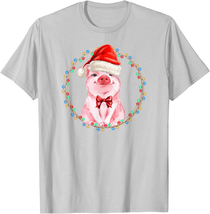 Dibble Dabble Holidays Sweet Pig with Santa Hat Pig Lover Christmas T-Shirt - Silver Grey