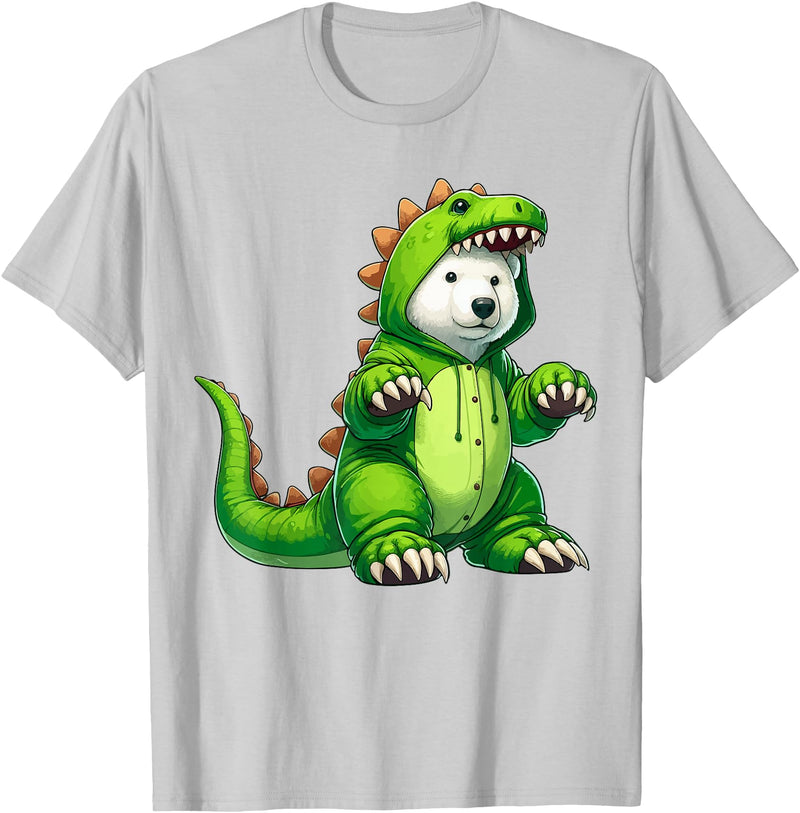 Scary Polar Bear Dinosaur Halloween Lazy Costume Polar Bear Wearing Dinosaur Costume Halloween Cosplay T-Rex T-Shirt - Silver Grey