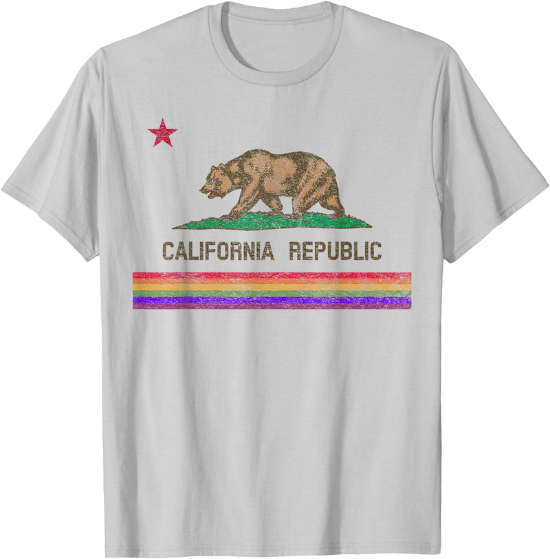 CALIFORNIA STATE FLAG LGBTQ GAY PRIDE RAINBOW TEES CALIFORNIA STATE FLAG BEAR LGBTQ GAY PRIDE RAINBOW PARADE T-Shirt - Silver Grey