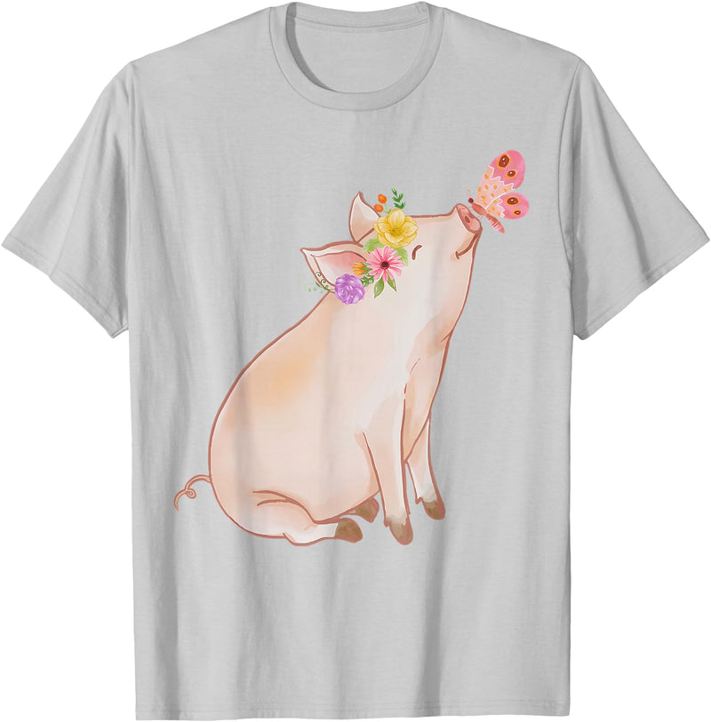 Watercolor Pink Pig With Floral And Butterfly Farm Design T-Shirt - Silver Grey