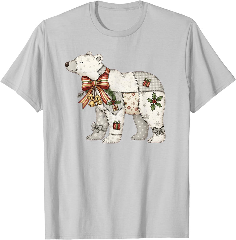 Cute Polar Bear Xmas Quilt Winter Holiday Patchwork Polar Bear Cute Christmas Quilt T-Shirt - Silver Grey