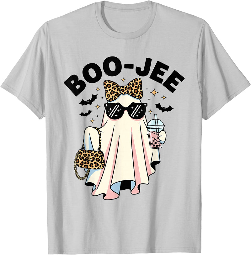 Boo-Jee Ghost Halloween Tees for Women Women Girls BOU-JEE Ghost Boba Leopard Sassy Halloween T-Shirt - Silver Grey