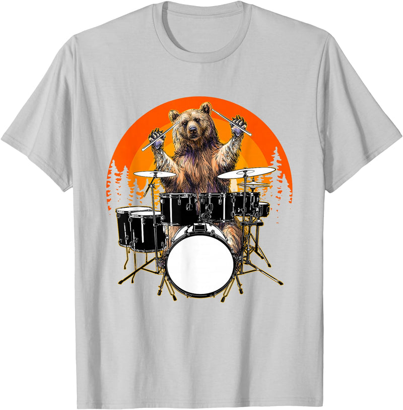 Drum Instrument Drummer Apparel Musical Animal Bear Playing Drums For Drum Lover And Musical Drummer Lover T-Shirt - Silver Grey