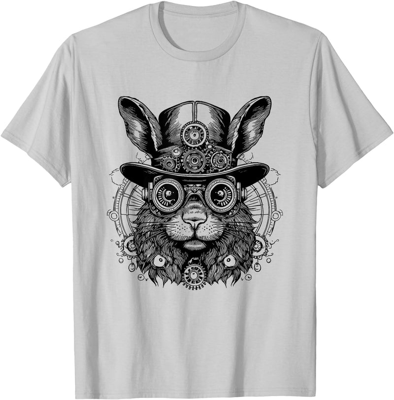 Fantasy Steampunk Rabbit Lover, Whimsical Bunny Animal T-Shirt in Silver Grey
