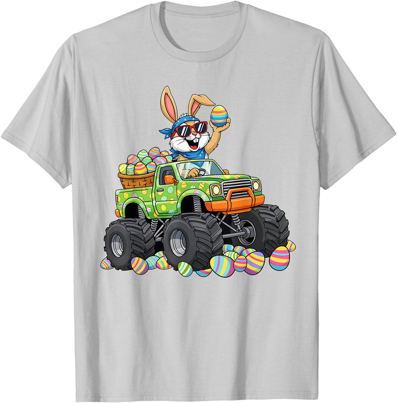 Easter Day Bunny Monster Truck Eggs Cool Rabbit Men Boys Kid T-Shirt in Silver Grey