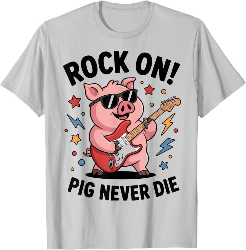 Musical Pig Tribe Collective for Rock Enthusiasts Rock On Pig Never Die Music Lovers Funny Concert Vibe T-Shirt - Silver Grey