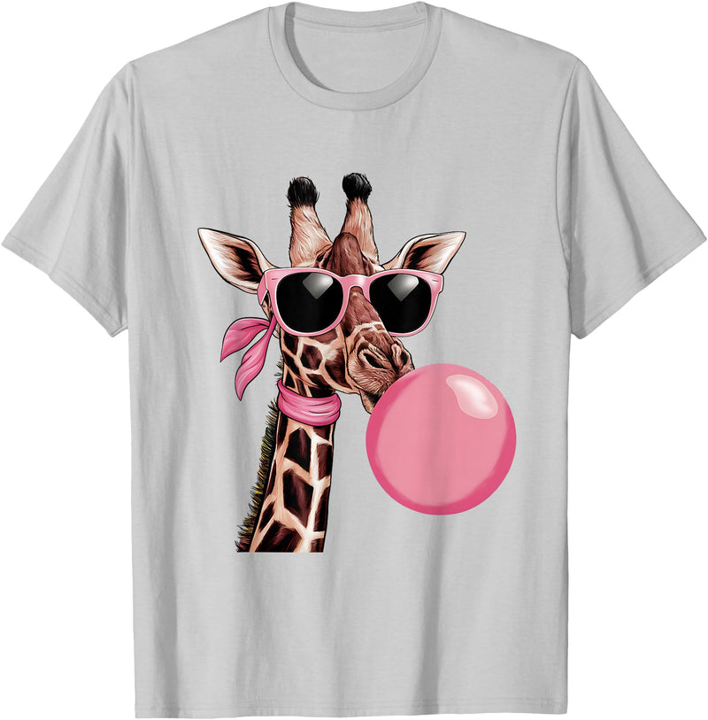 Funny Giraffe Lover Design Outfit Funny Cute Giraffe Pink Bubble Gum and Pink Sunglasses T-Shirt - Silver Grey