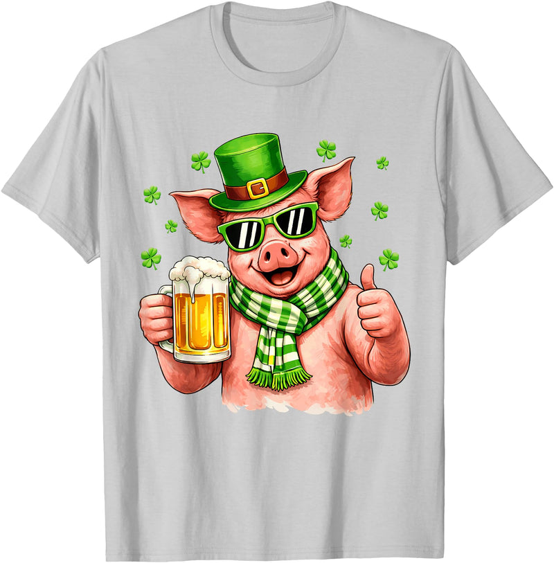 Amt Pig & Drinking Beer Lovers Saint Patrick's Day Funny Pig Drinking Beer Leprechaun Shamrocks St Patricks Day T-Shirt - Silver Grey