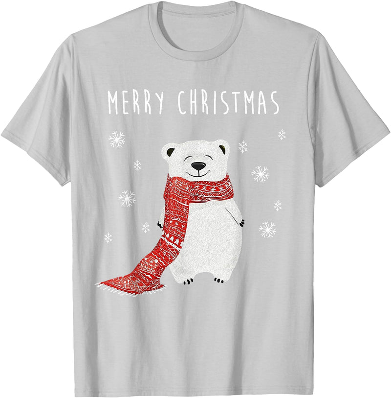 Christmas Holiday X-Mas New Year 2020 Party Gifts Cute Polar Bear Scarf Merry Christmas Xmas Holidays Gift Tee T-Shirt - Silver Grey