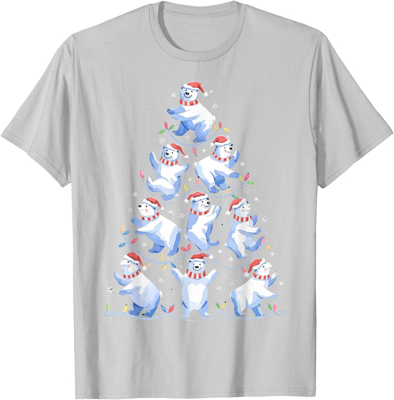 White Giant Christmas Tree Lights Santa Hats Polar Bear Christmas Tree Funny Ice Bear Holiday T-Shirt - Silver Grey