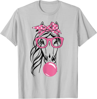Funny Horses Lover Ladies Cute Horse Bandana Headband Glasses T-Shirt - Silver Grey