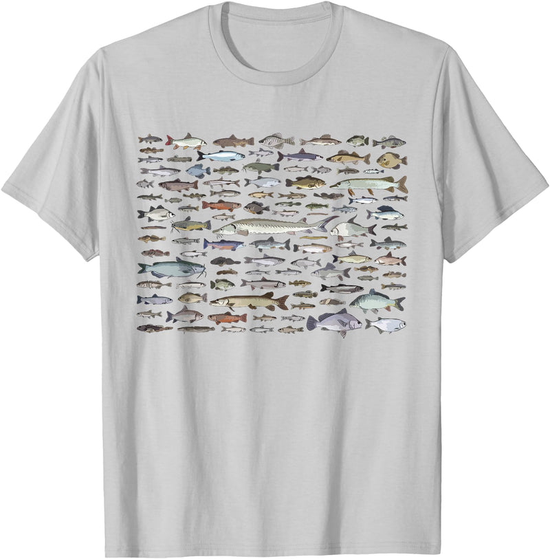 100 Types Of Fish Species Tee 100 Types of Freshwater Fish Species Fishing T-Shirt - Silver Grey