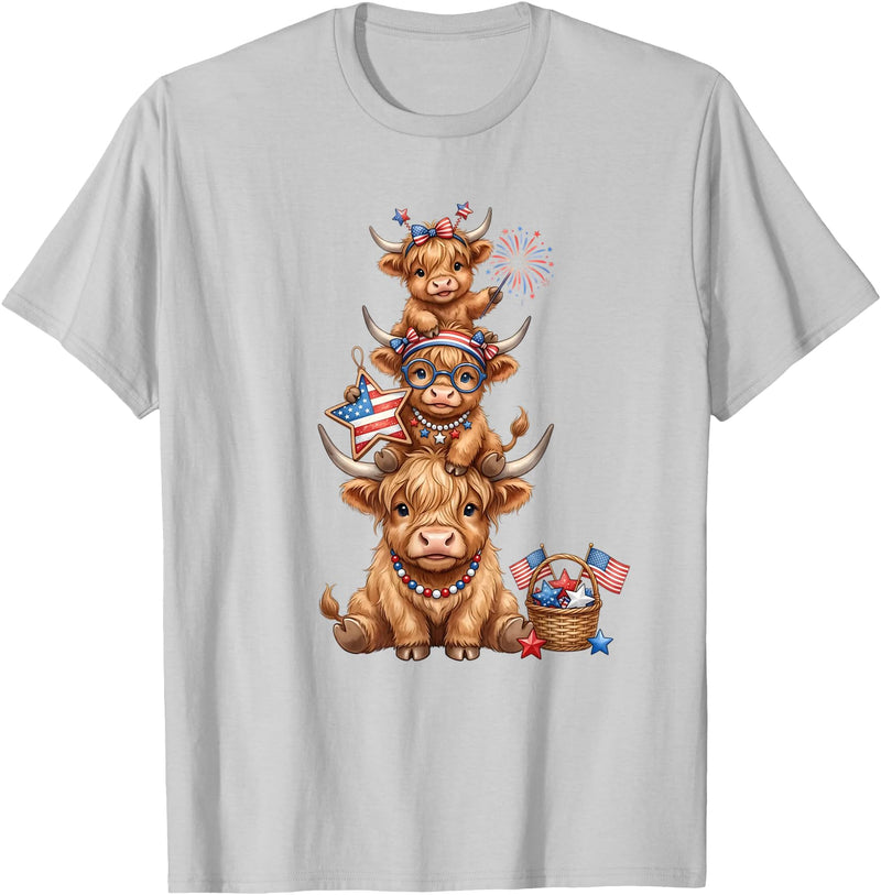 Funny 4th Of July Highland Cow Apparel Cute Highland Cow 4th of July Patriotic American Flag T-Shirt - Silver Grey
