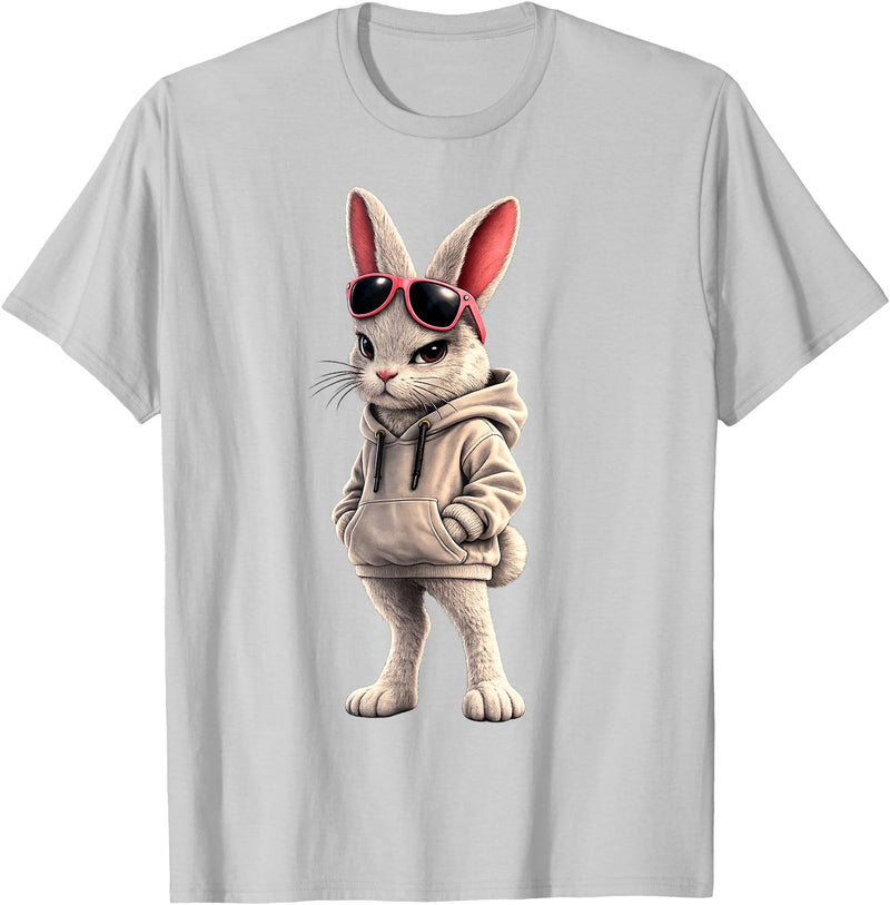 Cool Rabbit Wearing and Sunglasses Funny Rabbit Hoodie in Silver Grey