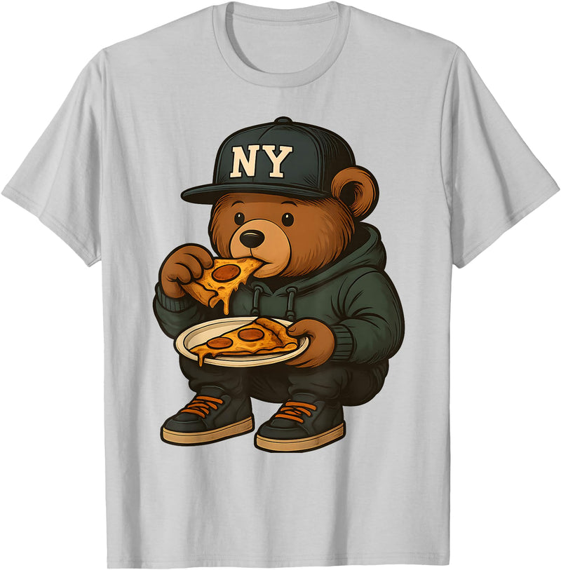 Street Food Streetwear & Hip Hop Style Designs Hip Hop Teddy Bear Eating New York Style Pizza Teenager Men T-Shirt - Silver Grey