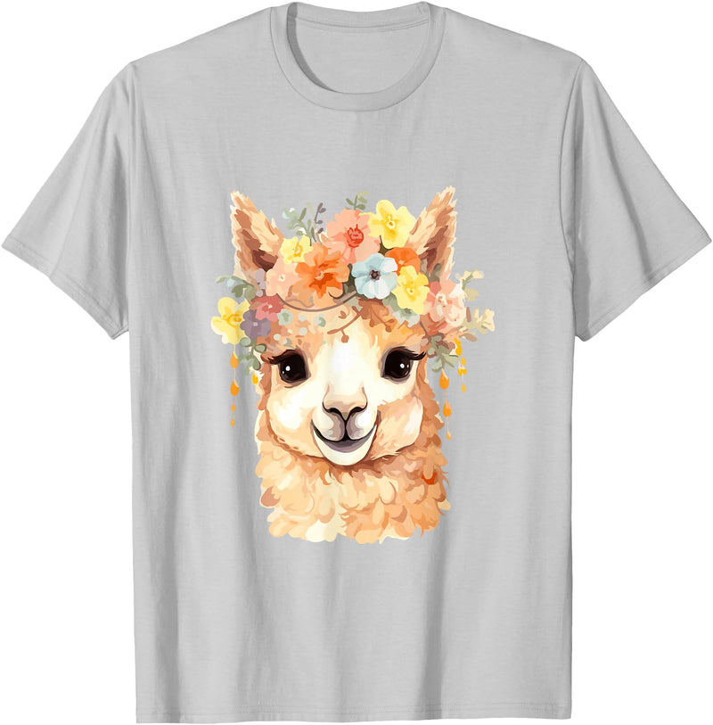 Alpaca and llama with flowers Designs Alpaca with Flowers, Cute Alpaca and Llama T-Shirt - Silver Grey