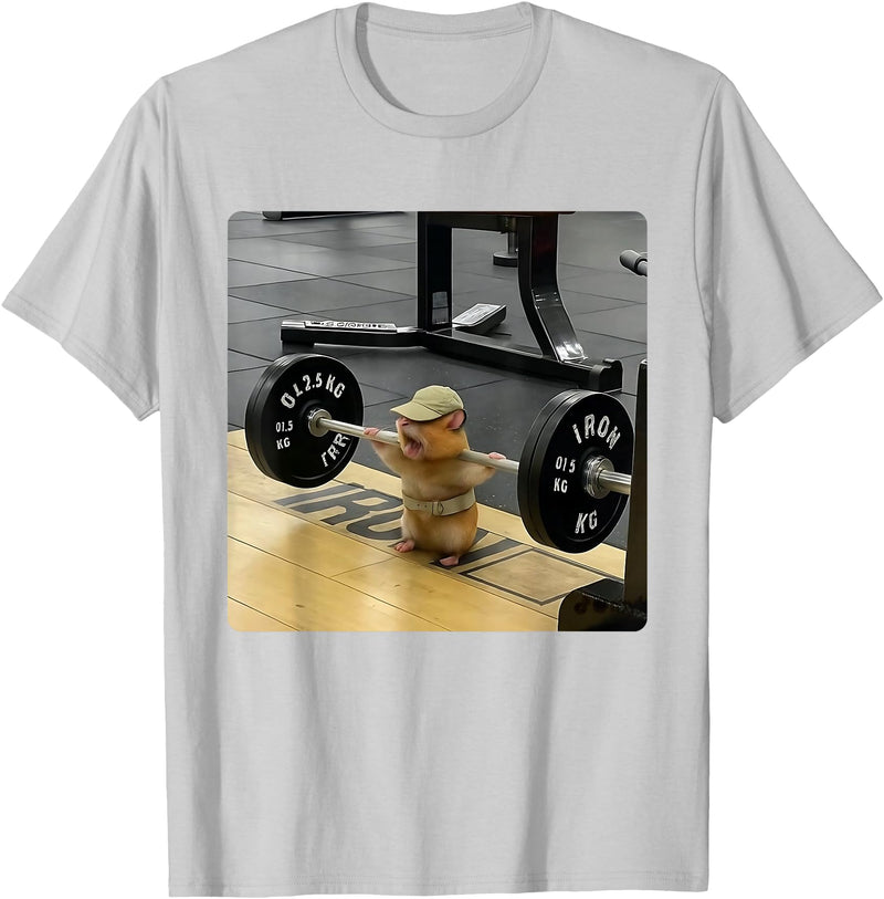 Hamster Deadlift Training Funny Cute Rat Weightlifting Meme T-Shirt - Silver Grey