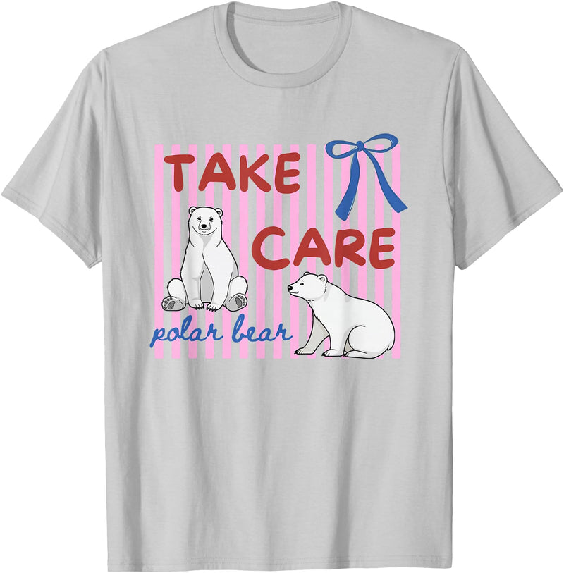 Last day of School Teacher Team Tee Pink Striped Take Care Polar Bear End of Year Teacher Team T-Shirt - Silver Grey