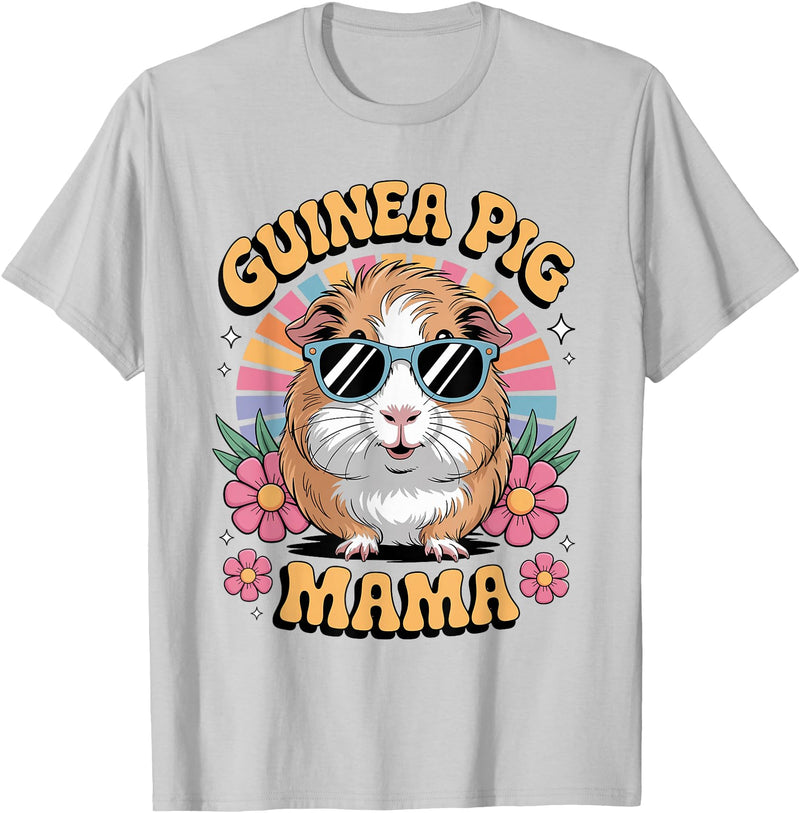 Guinea Pig Rodents Lover Mom Mother'S Day Guinea Pig Mama Floral Vintage 60s 70s Sunglasses T-Shirt - Silver Grey
