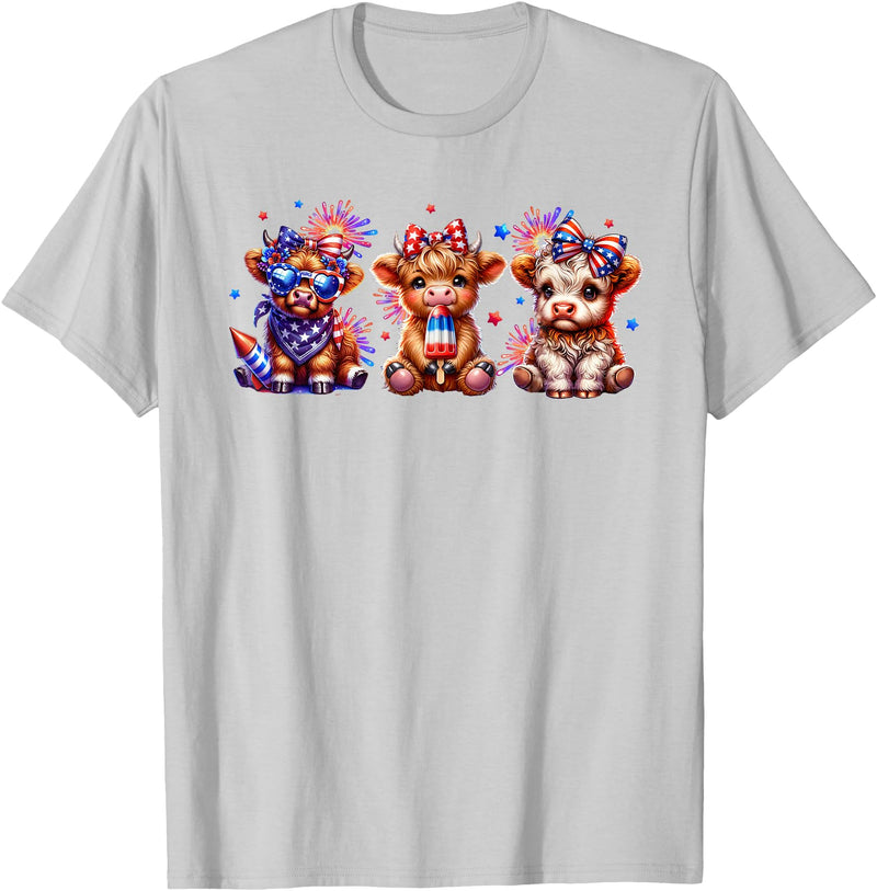 July 4th Highland Cow Farm Lovers American Costume Highland Cow Cattle Animal Lover Patriotic 4th of July T-Shirt - Silver