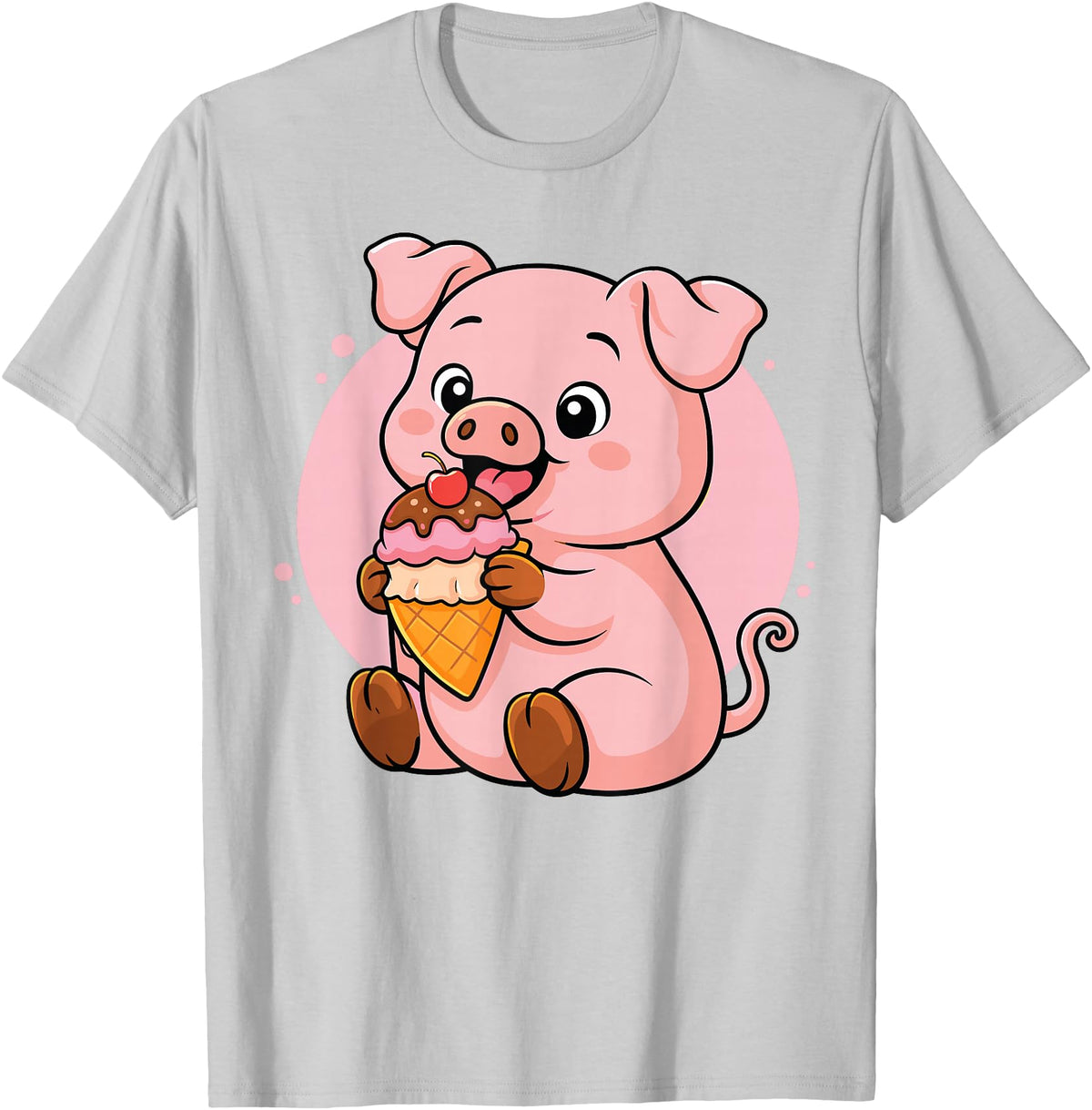 Funny Cute Pig Ice Cream Kawaii Design Pig Eating Ice Cream Graphic Boys Girls Pig Lover T-Shirt - Silver Grey