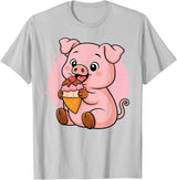 Funny Cute Pig Ice Cream Kawaii Design Pig Eating Ice Cream Graphic Boys Girls Pig Lover T-Shirt - Silver Grey