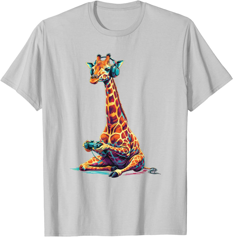 Giraffe Gamer Lovers Animal Men Women Kids Giraffe Gaming Animal Video Games Funny Giraffe T-Shirt - Silver Grey