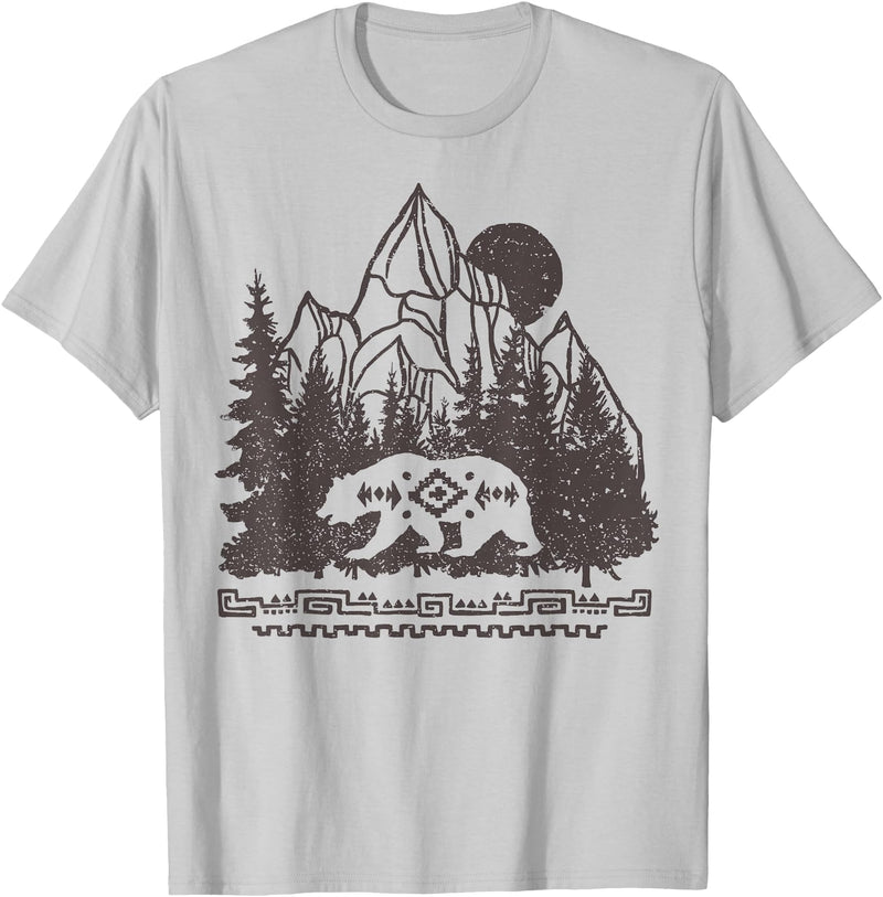 Trendy Apparel Cali Bear Forest And Mountains Background T-Shirt - Silver Grey
