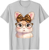 Easter Cute Bunny Rabbit with Glasses Leopard Coquette Bow T-Shirt in Silver Grey