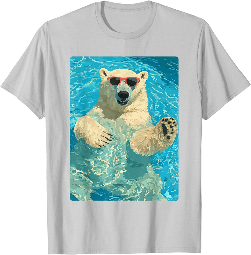 Pool Party Summer Animals Designs Funny Polar Bear with Sunglasses Summer Animal Swimming T-Shirt - Silver Grey