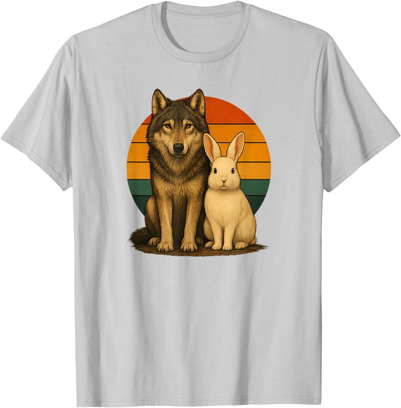 Wolf Rabbit Retro Animal Friends T-Shirt in Silver Grey