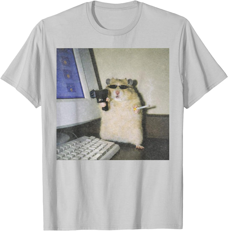 Cyber Hamster Meme Cringe Funny Animal Vintage Graphic Tee T-Shirt - Silver Grey