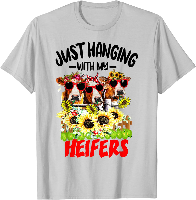 Women's Funny Cows Heifer Farm Animal Just Hanging With My Heifers Cow Farm Animal Lovers Funny T-Shirt - Silver Grey