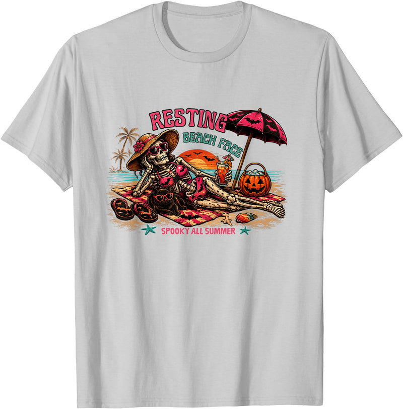Spooky Summer Vibes retro summerween halloween Funny Skeleton Beach Halloween Resting Beach Face summerween T-Shirt - Silver