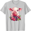 Cute Pig Eating Strawberries And Berries Fun Adorable Pig With Strawberries And Berries T-Shirt - Silver Grey