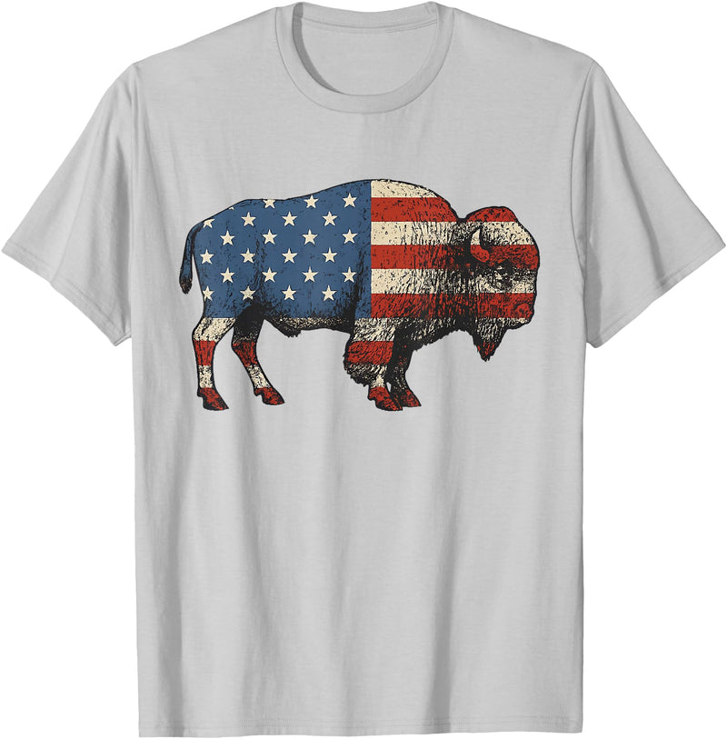 Bison American Buffalo Gifts & Apparel Stuff Bison USA American Flag Patriotic United States T-Shirt - Silver Grey