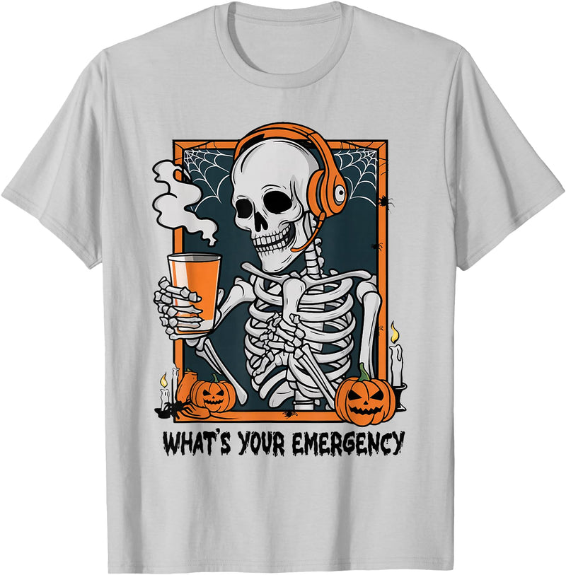 Funny 911 Dispatcher Halloween Skeleton What Your Emergency T-Shirt - Silver Grey