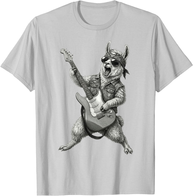 Rock Guitar Llama Stuff Accessories & Gifts Llama Playing Guitar Rock & Roll Llamas Alpaca Rocker Music T-Shirt - Silver Grey