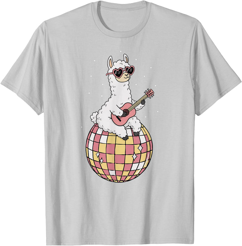 DiscoballAxis1 Funny Llama Disco Dancing Ball Groovy Retro 80s Costume T-Shirt - Silver Grey