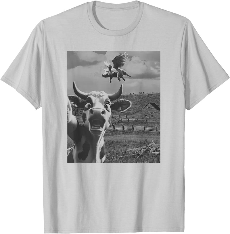 When Pigs Fly Pig Lover Designs Apparel Gifts Cow Selfie With Flying Pigs Fly Funny Gift for Men Women Kid T-Shirt - Silver Grey