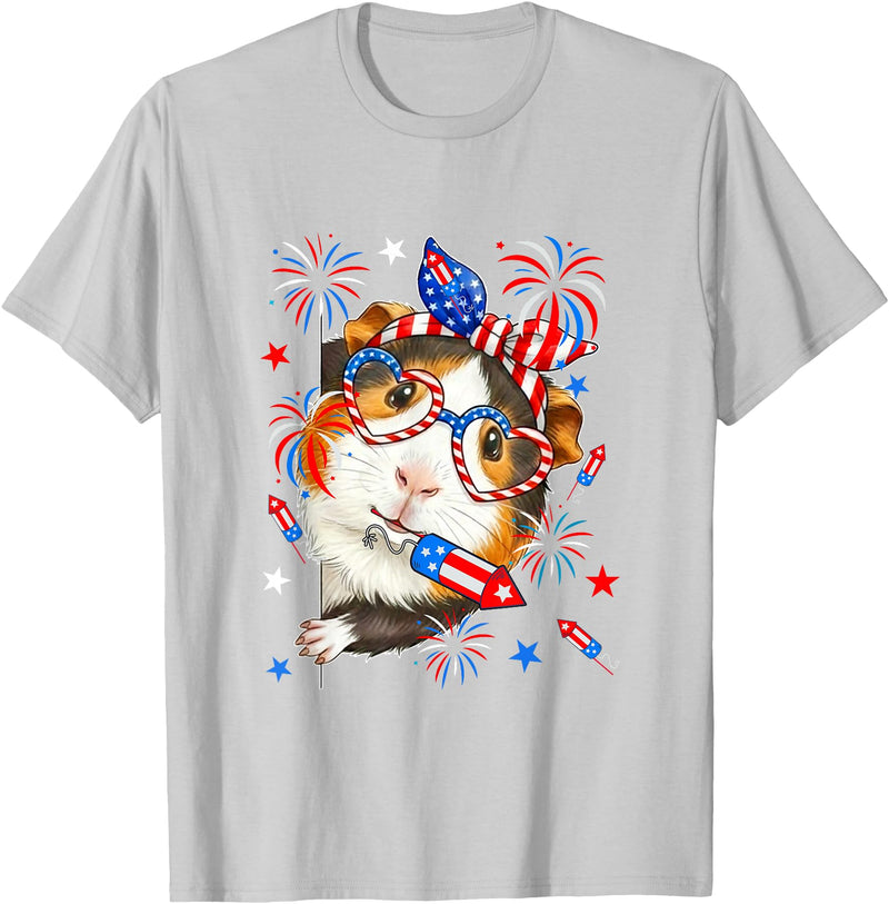 Rodent 4th Of July Costume Guinea Pig Sunglasses US Flag Bow Tie Fireworks 4th July T-Shirt - Silver Grey