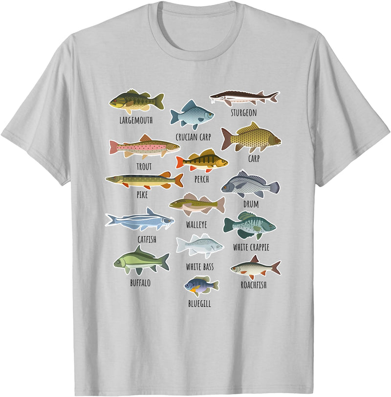 NABZR Angeln Geschenke & T-Shirts Types of Freshwater Fish Fishing T-Shirt - Silver Grey