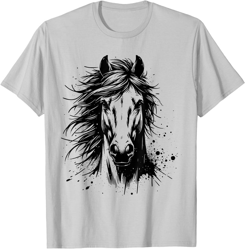Horse Art For Men Women Kids Horse Portrait Equestrian Horseback Riding Horse Lover Unisex-Adults Kids T-Shirt Grey Small Classic Fit Crew Neck Short Sleeve - Silver Grey