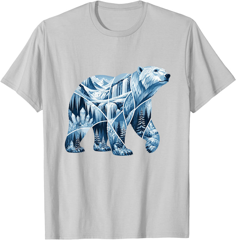 Arctic Polar Bear Mountain Waterfall Nature Arctic Polar Bear Forest Waterfall Landscape T-Shirt - Silver Grey