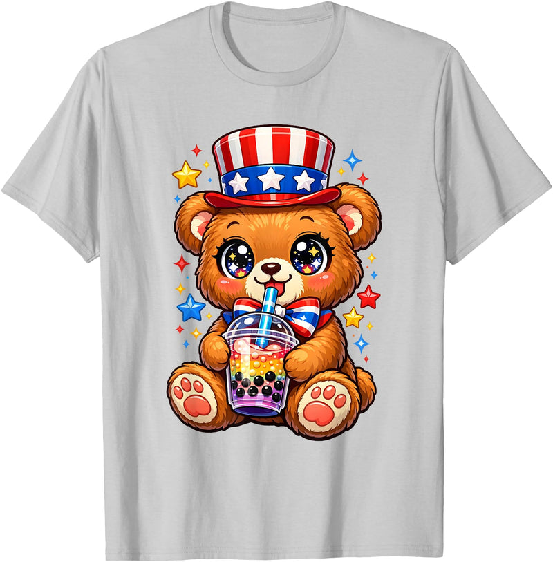 Kawaii Red White and Blue Fourth July Little Kids Cute Teddy Bear Patriotic 4th July Gift Bubble Boba Tea USA T-Shirt - Silver Grey